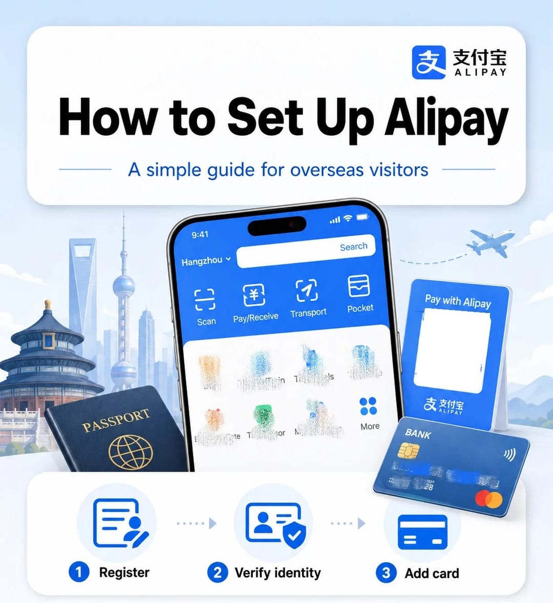 Configurando o Alipay em três etapas: registrar, verificar identidade, adicionar cartão