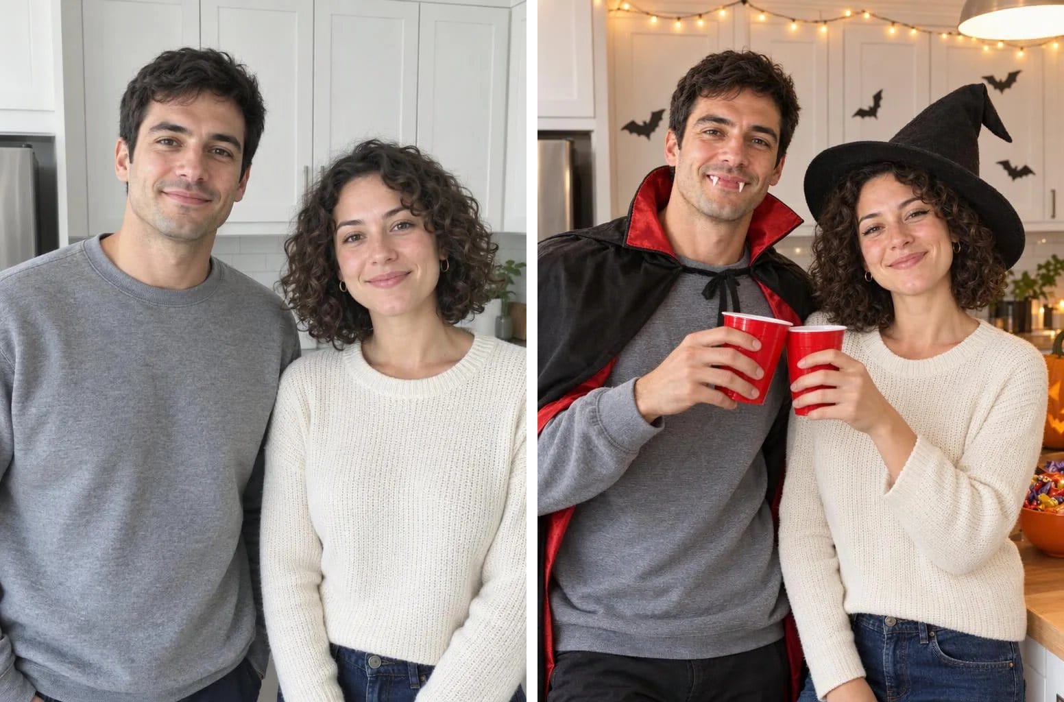 A couple in sweaters in a white kitchen, then the same couple in a vampire cape and a witch hat, toasting with red cups under string lights and paper bats