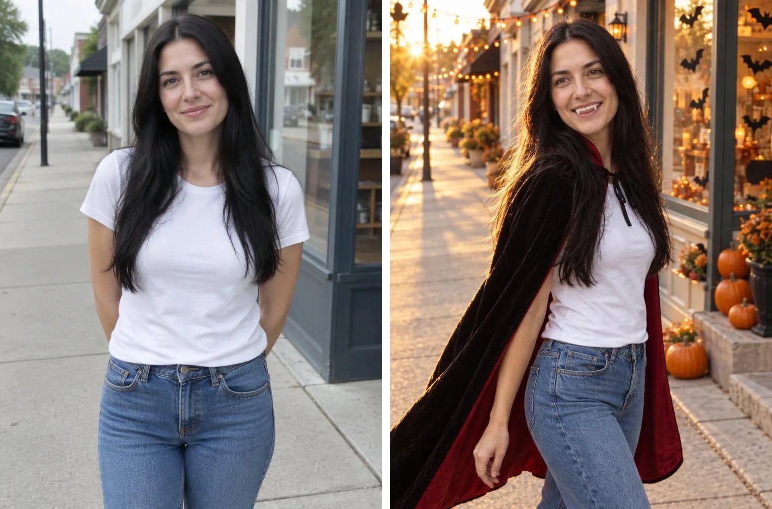 A woman in a white T-shirt and jeans on a plain shopping street, then the same woman in a black velvet cape with a red lining and plastic fangs, laughing on the same kind of street at golden hour with pumpkins and paper bats in the shop windows