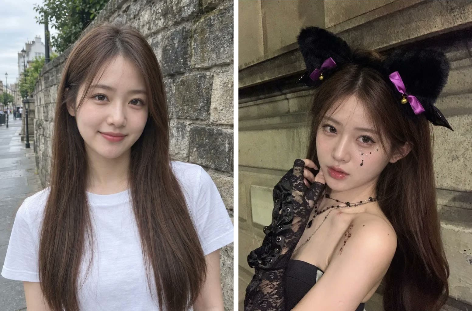 A woman in a white T-shirt on an overcast street, then the same woman against a stone wall at night with black cat ears, heavy eyeliner, gem makeup and a lace glove