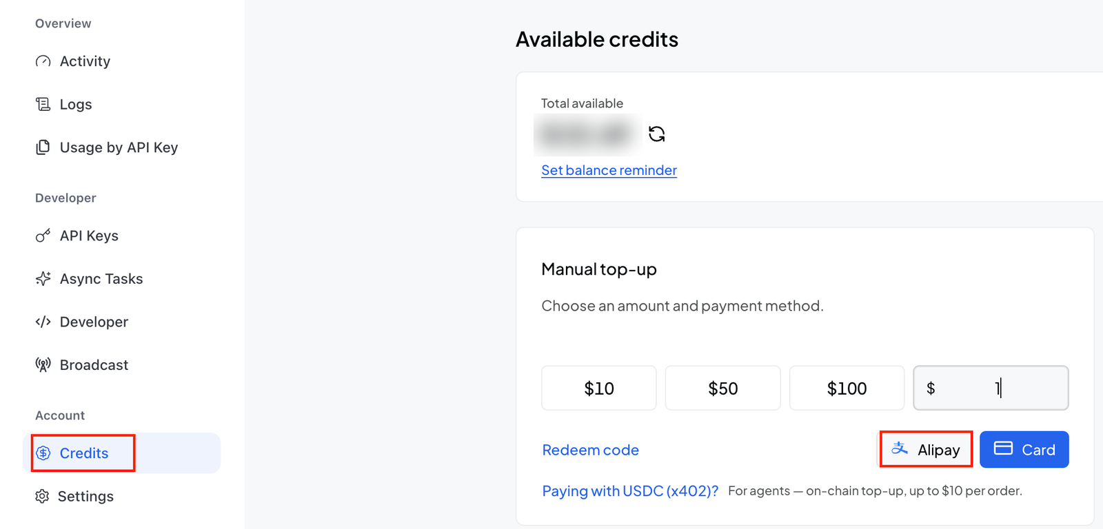 A página de Créditos: Conta → Créditos na barra lateral, 1 na caixa de valor personalizado, depois Alipay