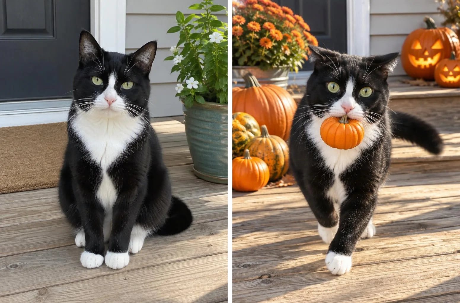 A black-and-white cat sitting on a wooden porch, then the same cat walking across the porch with a mini pumpkin in its mouth, carved pumpkins glowing behind it
