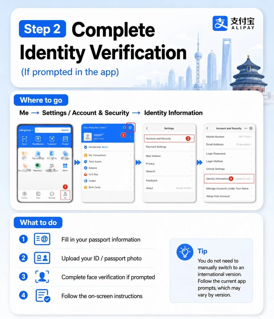 Passo 2: Eu, Configurações, Conta e Segurança, Informações de Identidade