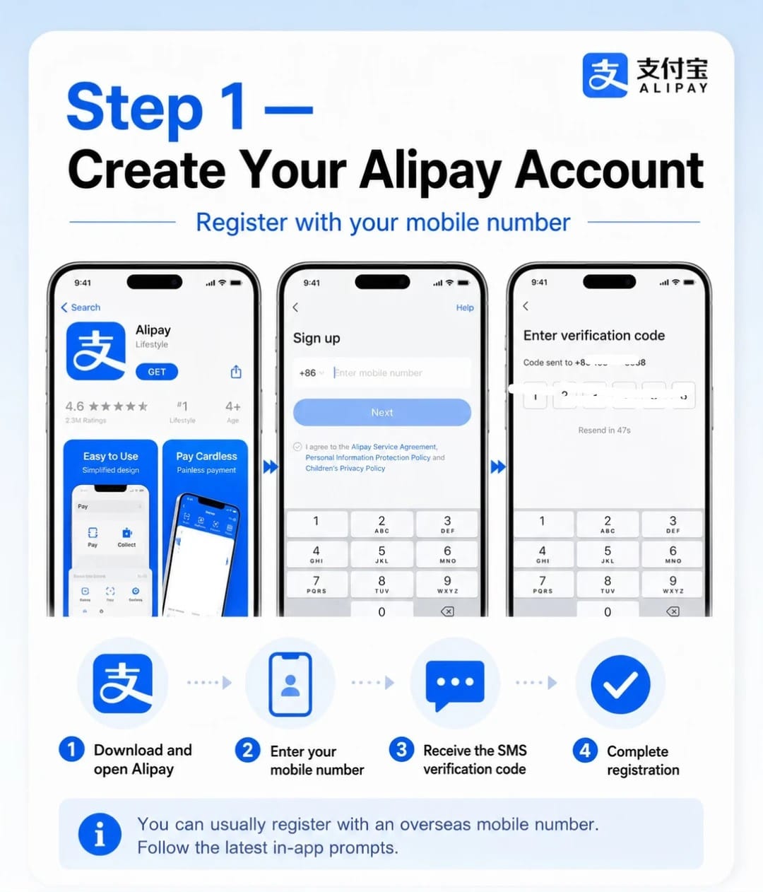 Passo 1: baixe o Alipay, insira seu número de celular, insira o código SMS, finalize o registro