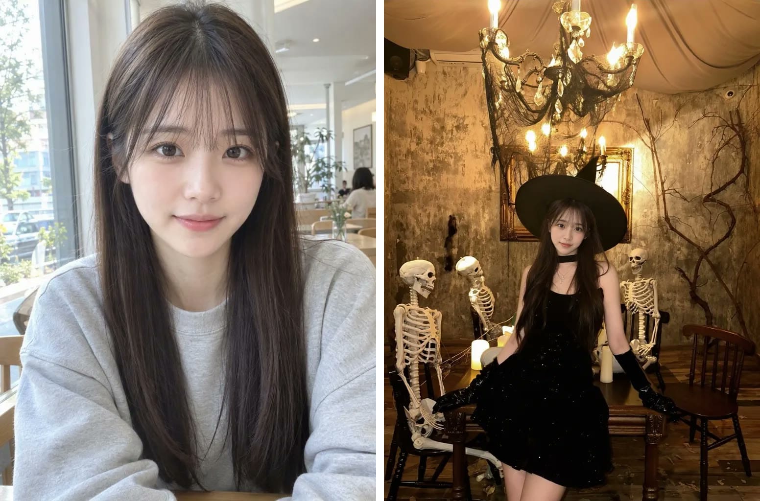 A woman in a grey sweatshirt in a bright cafe, then the same woman in a black witch hat, black dress and long black gloves at a vintage dining table, three skeletons seated around it