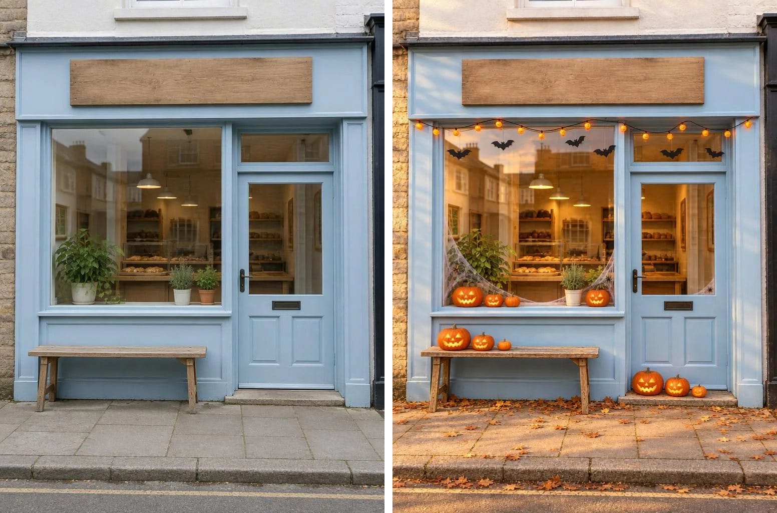 A pale blue bakery front with a blank wooden sign, then the same shopfront with pumpkin lanterns on the bench and step, cobwebs and paper bats in the window, and string lights above