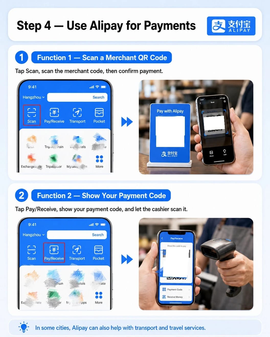 Passo 4: Escaneie um código QR ou mostre seu código de pagamento com Pagar/Receber