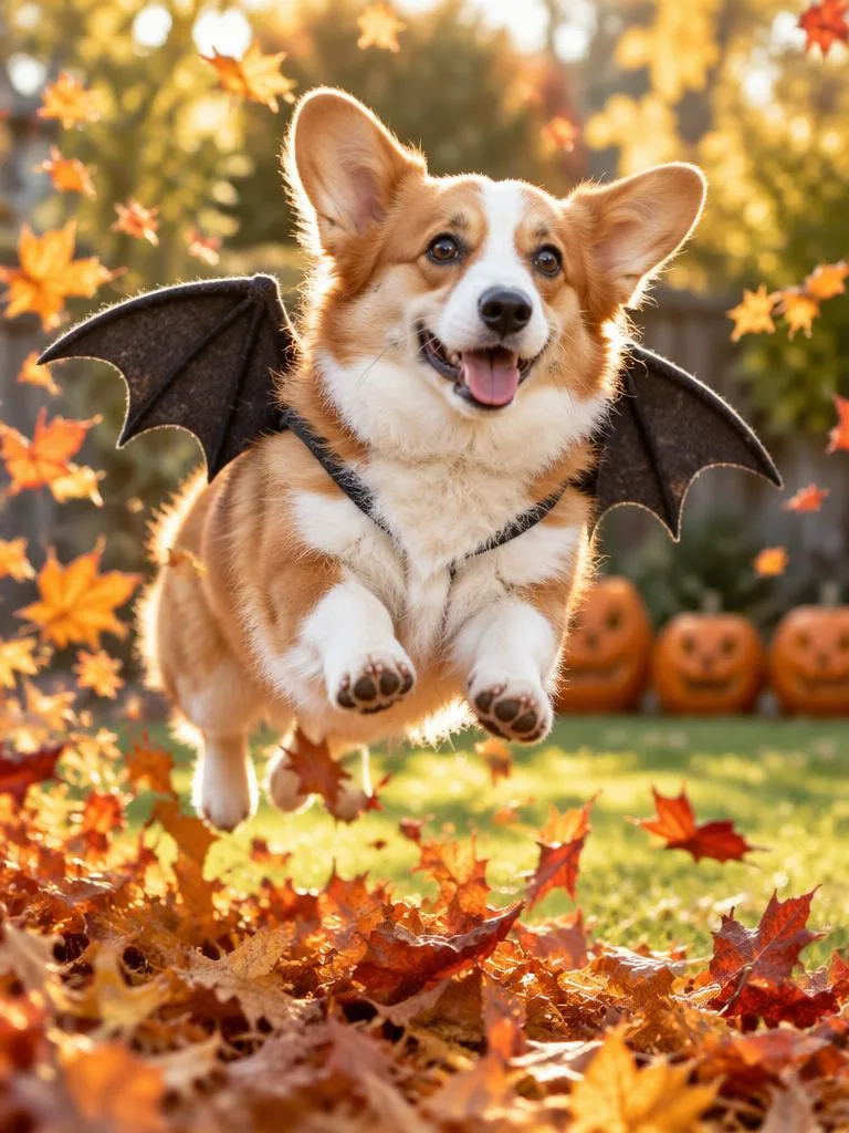Fledermausflügel, bereit zum Abheben: Weiche Filzfledermausflügel und ein Sprung aus einem Haufen Herbstlaub. (Beispiel für ein KI-Halloween-Foto)