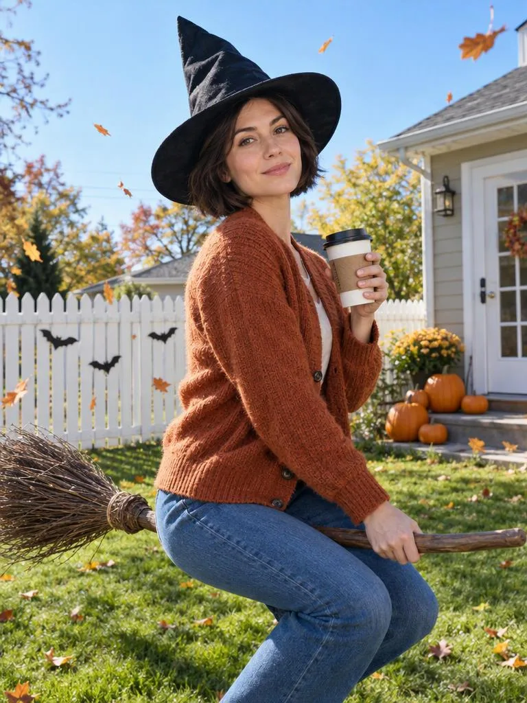 Auf dem Besen schweben, Kaffee in der Hand: Ganz entspannt mit einem Kaffee zum Mitnehmen etwa einen Fuß über einem sonnigen Rasen schweben. (Beispiel für ein KI-Halloween-Foto)