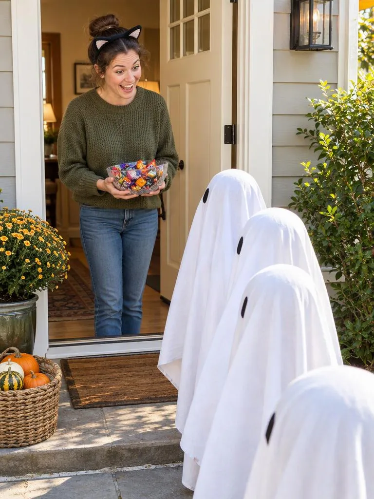 Gespensterschlange vor der Haustür: Du öffnest die Tür mit einer Süßigkeitenschale, während auf dem Weg Bettlakengespenster Schlange stehen. (Beispiel für ein KI-Halloween-Foto)