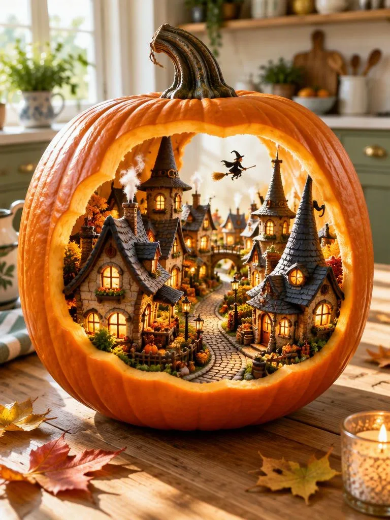 Eine winzige Stadt in einer Kürbislaterne: Ein geschnitzter Kürbis mit einer Miniaturhexenstadt, aus deren Schornsteinen Rauch steigt. (Beispiel für ein KI-Halloween-Foto)