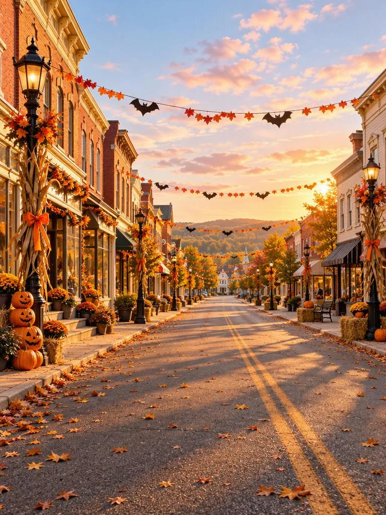 Die Hauptstraße zur goldenen Stunde: Eine kleinstädtische Hauptstraße mit Kürbisdekoration, Papierfledermäusen und warmem Sonnenuntergangslicht. (Beispiel für ein KI-Halloween-Foto)