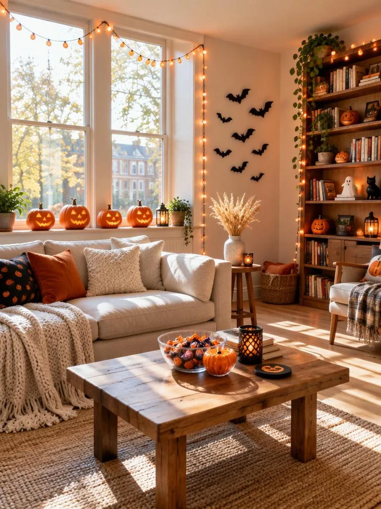 Ein Wohnzimmer bereit für die Party: Ein helles Wohnzimmer mit Lichterketten, Kürbissen und einer Süßigkeitenschale – noch ohne Gäste. (Beispiel für ein KI-Halloween-Foto)