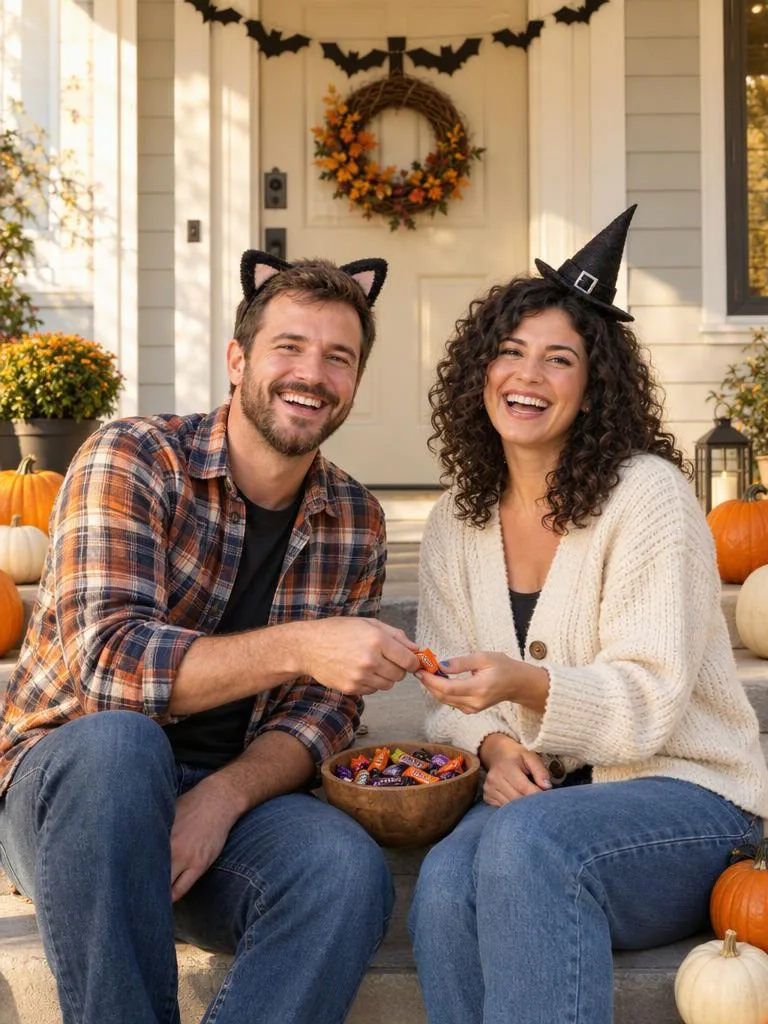 Veranda für zwei, Süßigkeiten stehen bereit: Katzenohren und Hexenhut auf einer dekorierten Veranda, mit einer gemeinsamen Süßigkeitenschale. (Beispiel für ein KI-Halloween-Foto)
