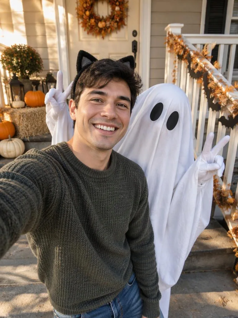 Ein Gespenst platzt ins Veranda-Selfie: Ein Selfie auf der dekorierten Veranda – und ein Bettlakengespenst beugt sich mit einem Friedenszeichen ins Bild. (Beispiel für ein KI-Halloween-Foto)