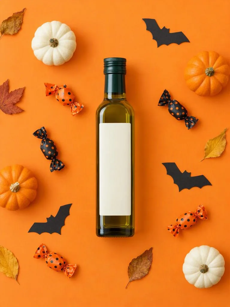 Draufsicht in Bonbonorange: Von oben auf leuchtend orangefarbenes Papier, mit Süßigkeiten, Mini-Kürbissen und Papierfledermäusen um das Produkt. (Beispiel für ein KI-Halloween-Foto)
