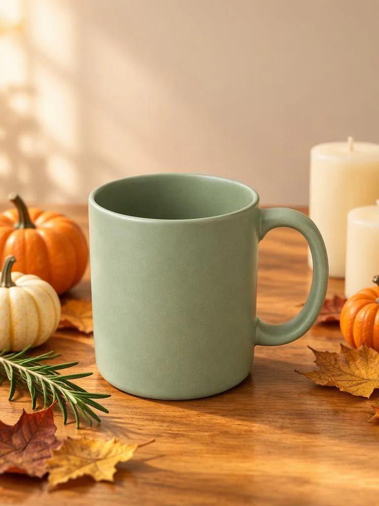 Produkt im Mittelpunkt der Erntezeit: Dein Produkt auf einem warmen Holztisch, umgeben von Mini-Kürbissen, Kerzen und trockenen Blättern. (Beispiel für ein KI-Halloween-Foto)