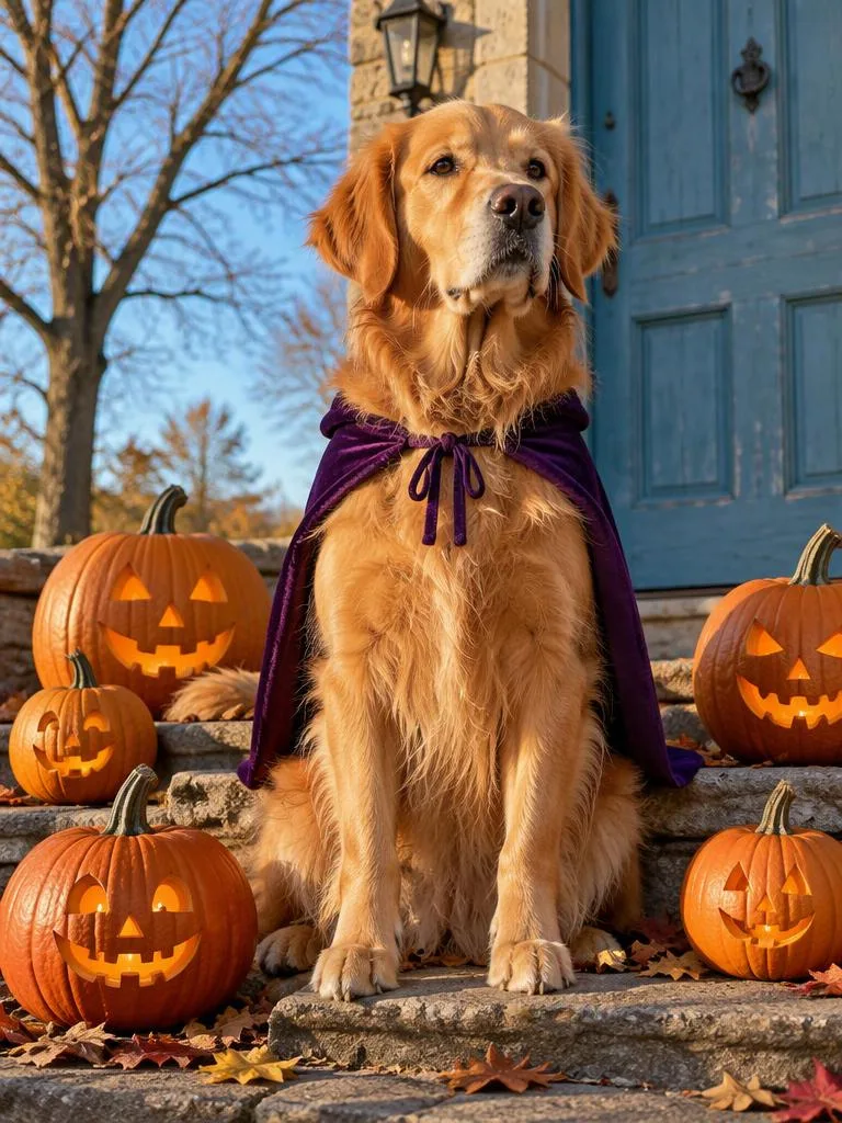Kleiner Wächter der Kürbistreppe: Ein kleiner violetter Umhang, eine stolze Pose auf den Stufen und ein Kreis geschnitzter Kürbisse. (Beispiel für ein KI-Halloween-Foto)