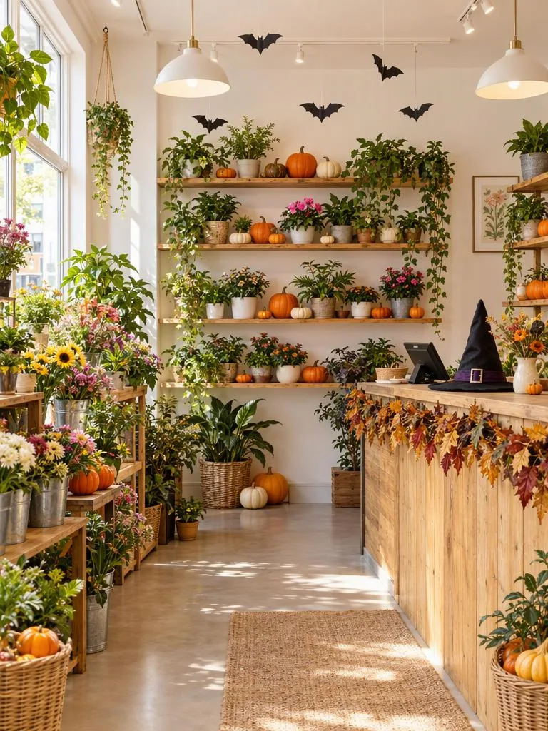 Ein Blumenladen feiert Halloween: Kürbisse in den Regalen und ein Hexenhut auf der Kasse; das Sortiment bleibt unverändert. (Beispiel für ein KI-Halloween-Foto)