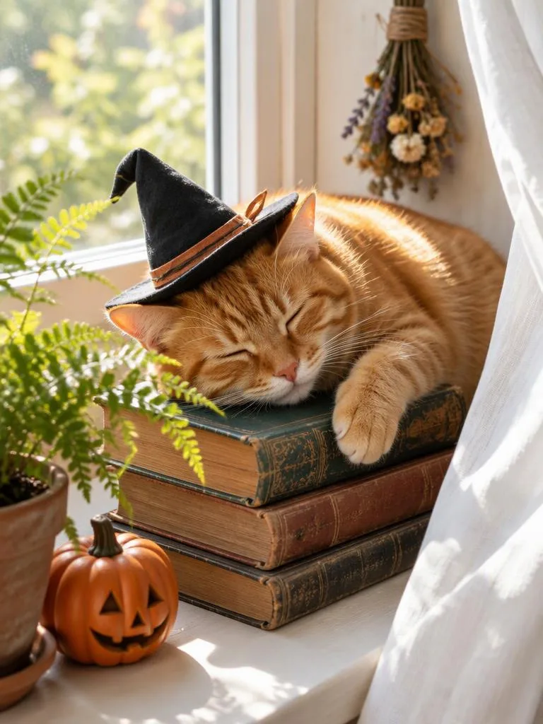 Nickerchen auf der sonnigen Fensterbank: Mit einem winzigen, leicht schiefen Hexenhut auf einem Stapel alter Bücher in der Sonne eingeschlafen. (Beispiel für ein KI-Halloween-Foto)